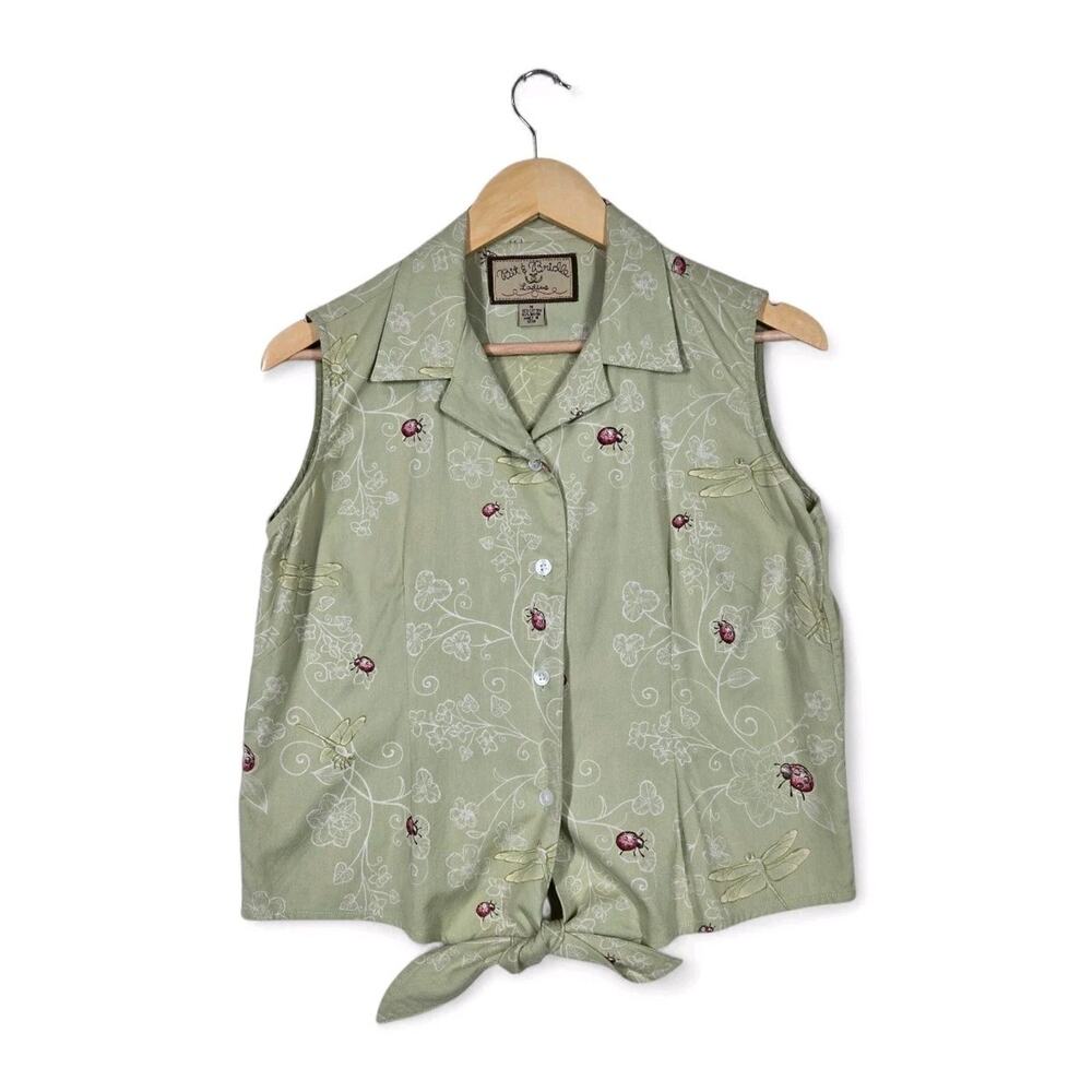 Bit & Bridle Lady Bug Dragon Fly Top M Green Sleeveless Tie Front Cowgirl Boho